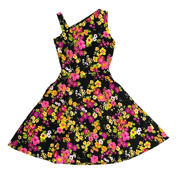 VTG 70’s Les Wilk Wilke 6/8 10 Dress A Line Midi Sundress Black Floral Yellow - Picture 2 of 13